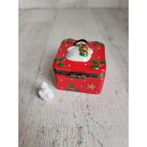 Vintage mini snowman trinket box Xmas mistletoe snowflake decor figure